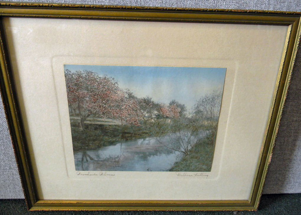 Wallace Nutting colored print "Brookside Blooms", image: Wallace Nutting colored print "Brookside Blooms", image size 9.5" X 7.5", bright colors