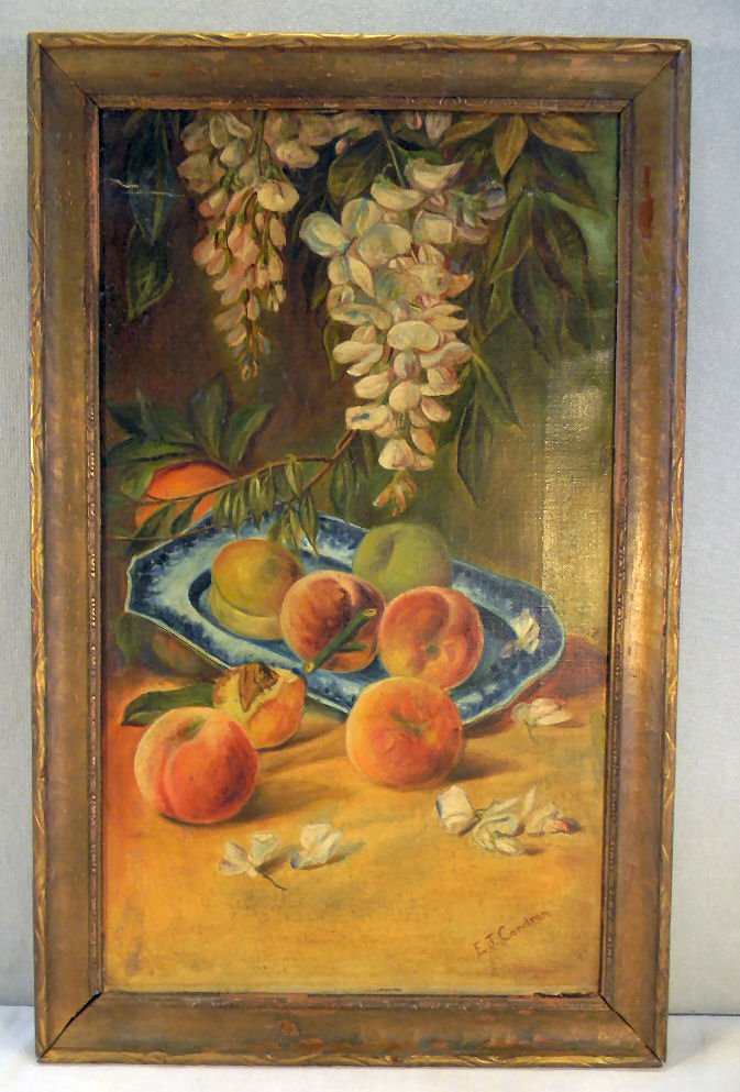 Oil painting on canvas, still life of peaches on a flow: Oil painting on canvas, still life of peaches on a flow blue platter, signed E.T. Condran. Image size is 11.5" X 20", some tears and separation from stretcher, frame damage.
