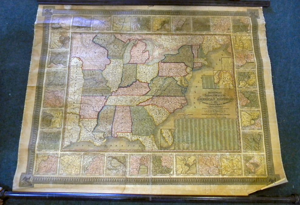 Antique wall map, "Mitchell's National Map of the Ameri: Antique wall map, "Mitchell's National Map of the American Republic" published by S. Augustus Mitchell, Philadelphia 1844. Map from east to Indian Territory. Top wood dowel not attached, creases but n