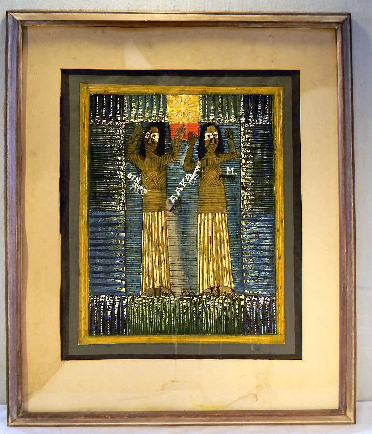 Gouache painting by Edward John Stevens "Jungle Mission: Gouache painting by Edward John Stevens "Jungle Missionaries", image size 18" X 22", signed & dated 1943 front center, mat stained, water marks lower right photo'd. No glass in frame