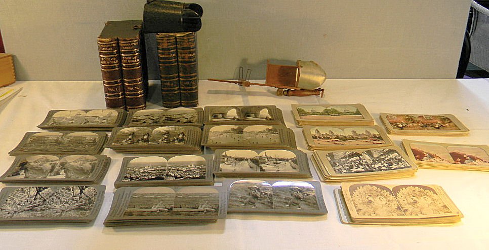 Stereo card lot including Stereographic Library Tour of: Stereo card lot including Stereographic Library Tour of the World Cards, set not complete, telebinocular (card holder for slide included but not in photo) with box, viewer and misc. world tour cards