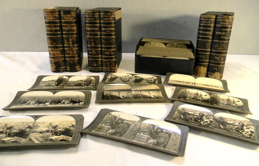 Stereo card lot - Stereographic Library six volumes the: Stereo card lot - Stereographic Library six volumes the "World War", boxes rough, may or may not be complete