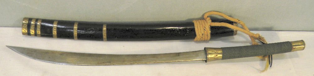 Asian (Japanese?) sword with wood scabbard, 16" blade, : Asian (Japanese?) sword with wood scabbard, 16" blade, length with handle 23.75", handle not tight on sword tang, unmarked