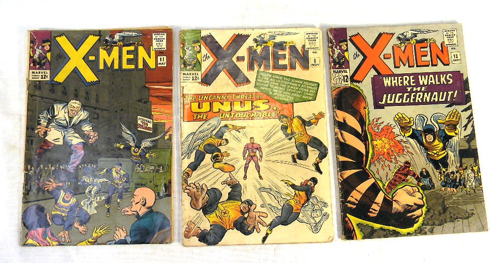 Three X Men comic books, 1964 & 1965, not graded, all c: Three X Men comic books, 1964 & 1965, not graded, all complete, creases, rounded or bent edges, light soiling on covers