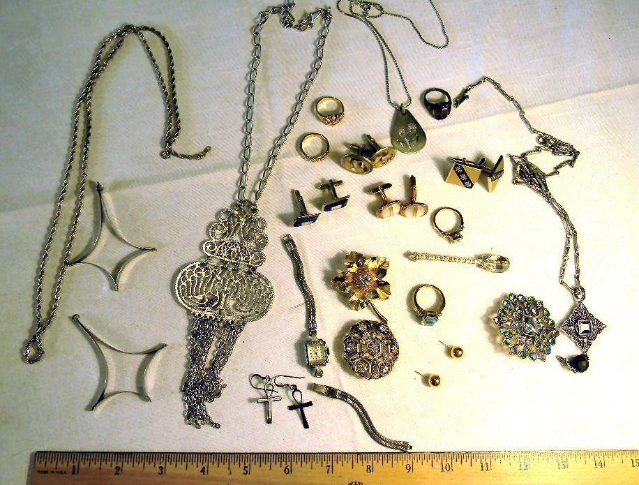 Lot of estate costume jewelry: Lot of estate costume jewelry, earrings, Gruen watch chains, pendants, rings, pins and cufflinks