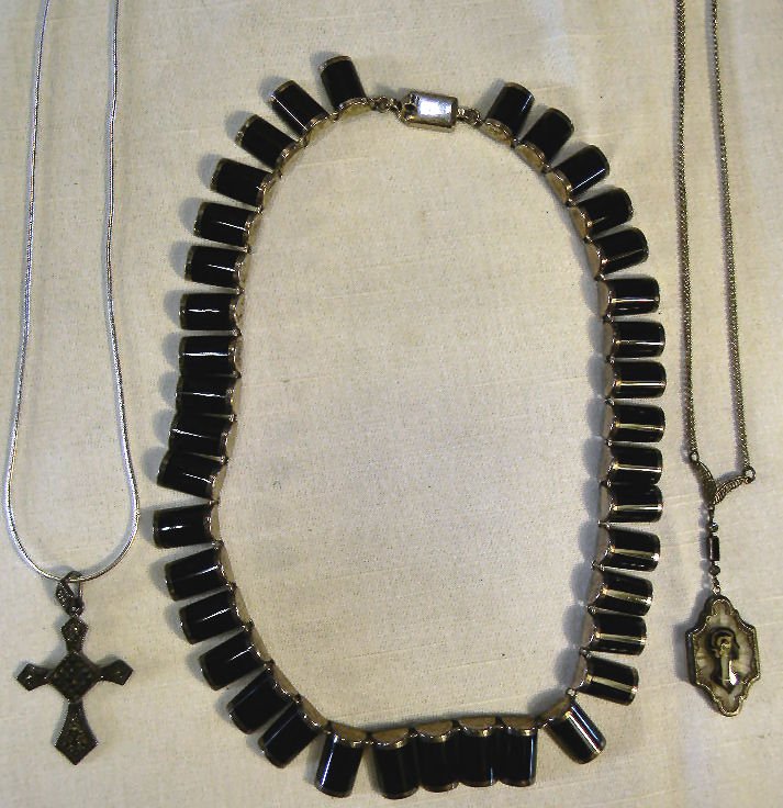 Sterling silver jewelry including marcasite: Sterling silver jewelry including marcasite pendant on chain, Mexican 17" necklace and art deco sterling and crystal pendant and chain