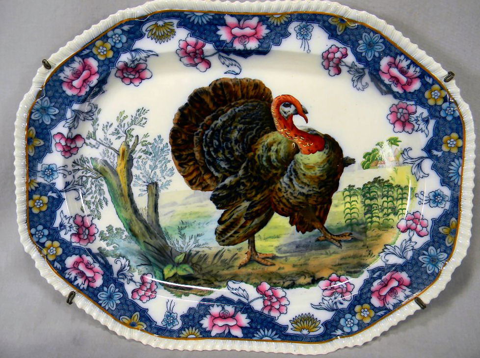 Large Copeland turkey platter, strong color, no chips, : Large Copeland turkey platter, strong color, no chips, cracks or hairlines, paint flake on gold band shown in photo, 19.25" X 14.75"