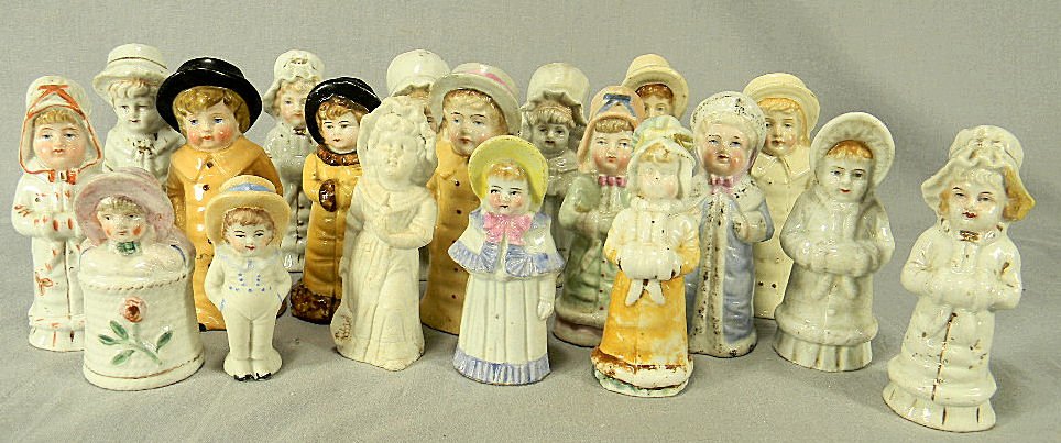 Lot of 17 Kate Greenaway salt shakers and 2 figurines, : Lot of 17 Kate Greenaway salt shakers and 2 figurines, three with small chips