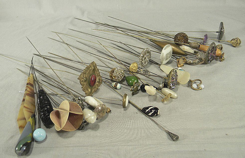 Lot of 50 antique hatpins all base metal with varied or: Lot of 50 antique hatpins all base metal with varied ornaments - glass, shell, plastic, silver plate, mother of pearl, etc.