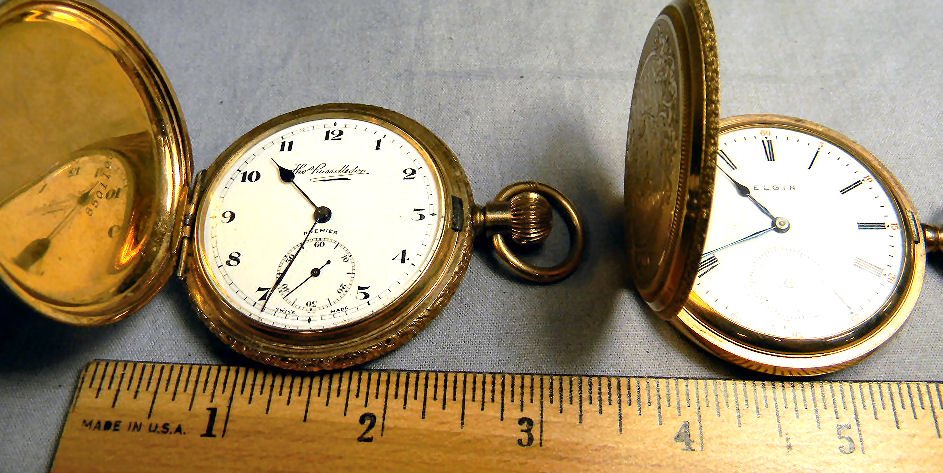 Two gold filled pocket watches, both running, Elgin 15 : Two gold filled pocket watches, both running, Elgin 15 jewel watch with engraved case, Thos. Russell & Son watch with Illinois case