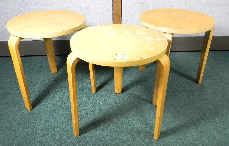 Set of three Alto stacking tables, finish worn, 17" hig: Set of three Alto stacking tables, finish worn, 17" high, 14.75" diameter