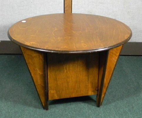 Art Deco end table with side door, veneer lifting on: Art Deco end table with side door, veneer lifting on one leg, minor dings and scuffs, 28" diameter, 18" high