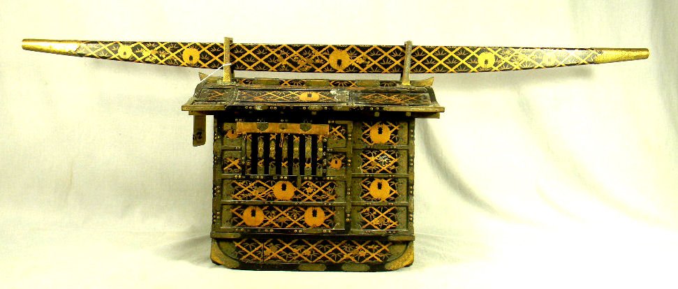 Miniature Asian lacquered Kago, 19th century, intricate: Miniature Asian lacquered Kago, 19th century, intricate detail in and out, one door on top detached, shades over windows deteriorated and not present, interior of louver off and need reattachment, rem