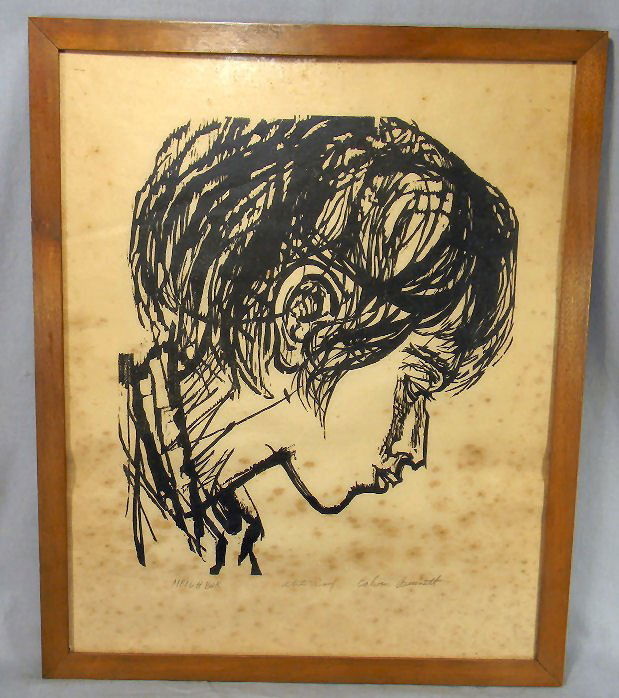 Calvin Burnett woodcut print "Neighbor", artist proof,: Calvin Burnett woodcut print "Neighbor", artist proof, foxing, 22" X 17"