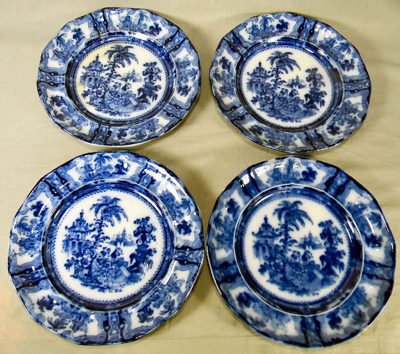 Four flow blue Kyber pattern 10" plates, W. Adams &: Four flow blue Kyber pattern 10" plates, W. Adams & Co., no chips or cracks, one stained in center, minimal utensil marks