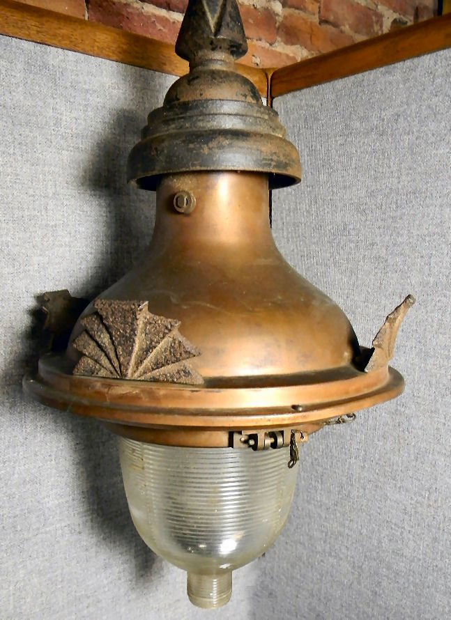 Art Deco styled commercial hanging light fixture,: Art Deco styled commercial hanging light fixture, copper body with iron embellishments, Holophane France glass lens with chips on fitting edge, 23" long