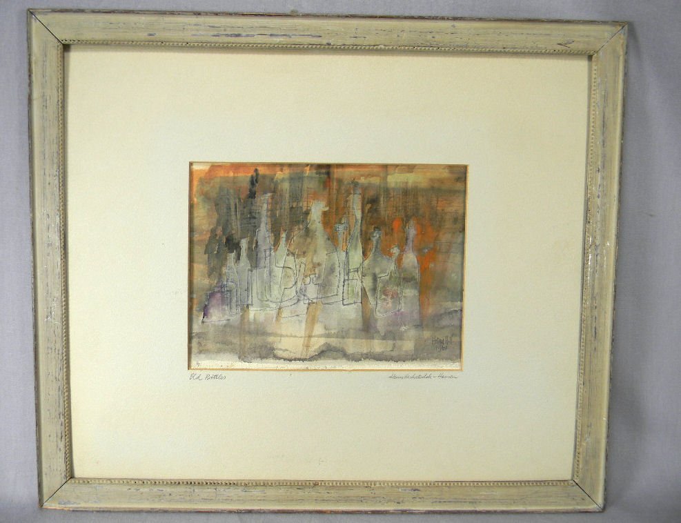 Watercolor painting signed by mid 20th century Cape Cod: Watercolor painting signed by mid 20th century Cape Cod artist Hans Herbatschek-Hansen, titled "Old Bottles" and dated 1960, image size 8.5" X 6.5", no glass in frame