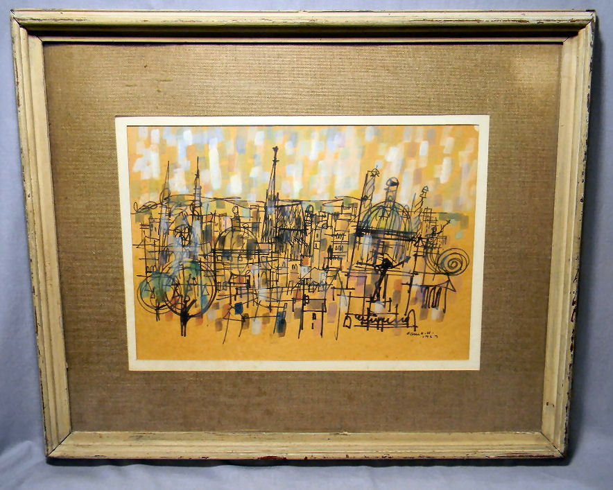 Mixed media painting by mid 20th century Cape Cod: Mixed media painting by mid 20th century Cape Cod artist Hans Herbatschek-Hansen, Venice, 1967, 17" X 12" image