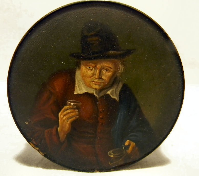 Lacquered papier mache 3.75" box with hand painted: Lacquered papier mache 3.75" box with hand painted decoration of man with wine glass and pitcher, minor chips along edges