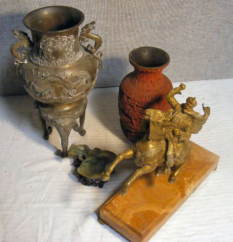 Lot of asian items including cinnabar item bronze: Lot of asian items including cinnabar item bronze sensor jade carving and bronze of middle eastern figure jade damaged missing pieces to sensor