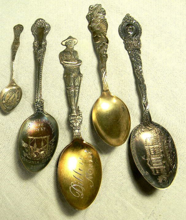Five sterling silver souvenir spoons, "Vigilante: Five sterling silver souvenir spoons, "Vigilante Hanging Bee in '63 Virginia City, Mont.", Native American with Corn, Prospector, Dillon, Mont., U.S. president spoon and small Newburgh, N.Y. spoon, 3.
