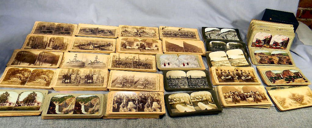 Lot of misc. stereo card views, including U.S. and: Lot of misc. stereo card views, including U.S. and foreign, Spanish American War, World scenes, N.Y., Chicago stock yards, Ireland, Germany, comic, cotton production in Georgia and North Carolina, Lie