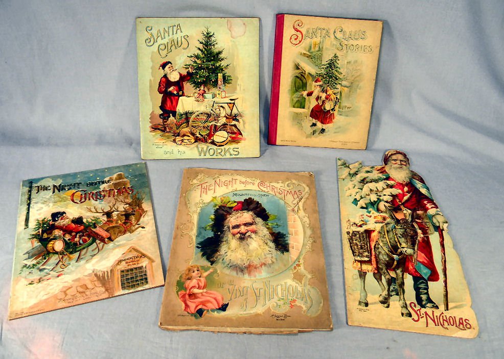 Lot of five child's Christmas, Santa Claus books, late: Lot of five child's Christmas, Santa Claus books, late 19th, early 20th century, published by Tuck, Lathrop and Mc Loughlin. All are complete, covers soiled, some stains to covers and pages, etc.