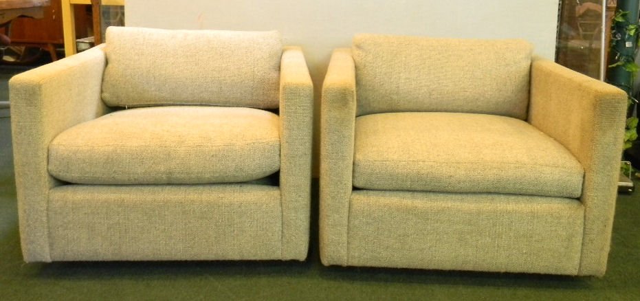Pair of signed Knoll International Inc. lounge chairs,: Pair of signed Knoll International Inc. lounge chairs, no rips or tears, soiled, 33" wide & deep, 24" high