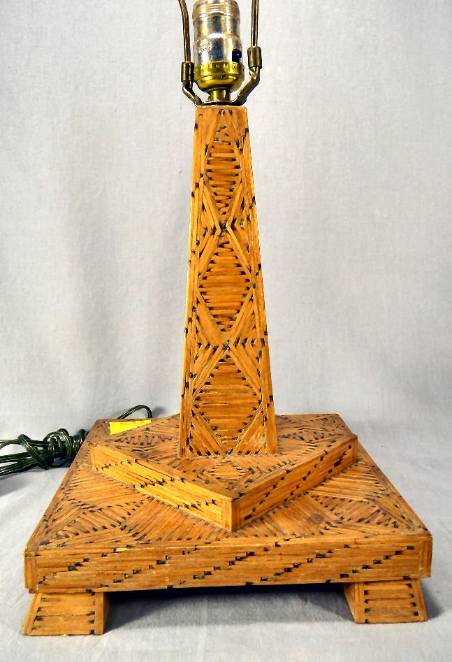 Tramp art match stick lamp base: Tramp art match stick lamp base, base measures 9" square, 13" high to bottom of socket, very good condition one piece missing on edge of base