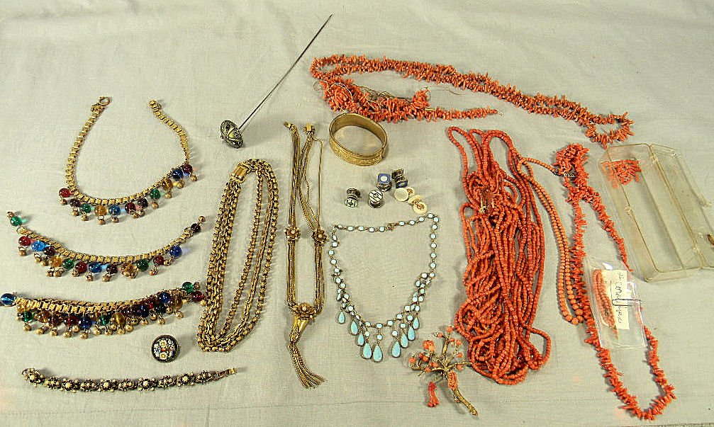 Lot of misc. estate costume jewelry: Lot of misc. estate costume jewelry including necklaces, bracelets, micro mosaic pin, cufflinks, etc. Large amount of coral beads from broken or damaged necklaces .