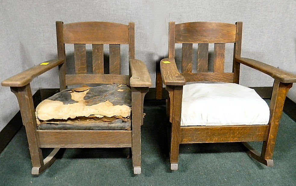 Pair of arts & crafts, mission oak rocking chairs: Pair of arts & crafts, mission oak rocking chairs labeled "Oak Craft Shop", both with original finish, soiled, very good structural condition. Original seats are rough. 28" wide, 25" deep and 31" high