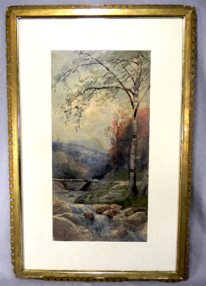 Watercolor painting by Svend Rasmussen Svendsen: Watercolor painting by Svend Rasmussen Svendsen (1864-1945), bridge over woodland brook, image size 9" X 18", frame damaged