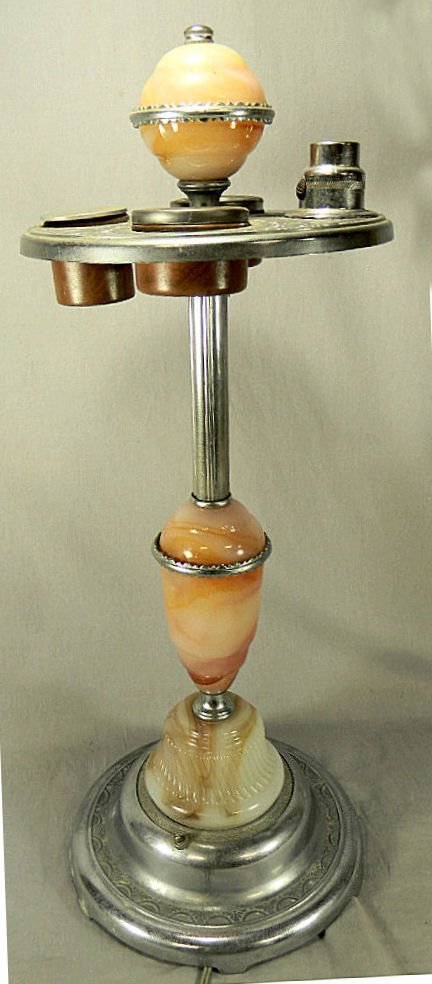 Art Deco chromed and glass smoke stand: Art Deco chromed and glass smoke stand, complete with lighter, ashtrays and cigarette box, all slag glass in excellent condition and light up but needs new wiring, 29" high