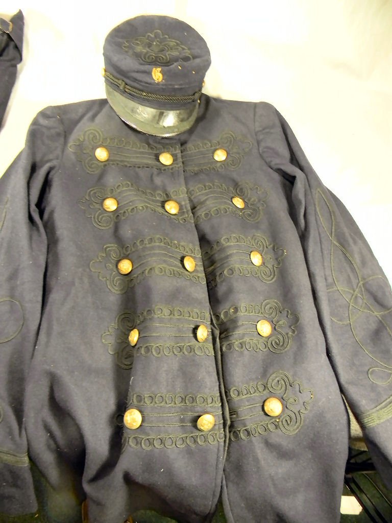 Antique military or fraternal band uniform: Antique military or fraternal band uniform, M.C. Lilley & Co., moth or insect damage on hat, some on jacket and pants but not heavy, no size tags
