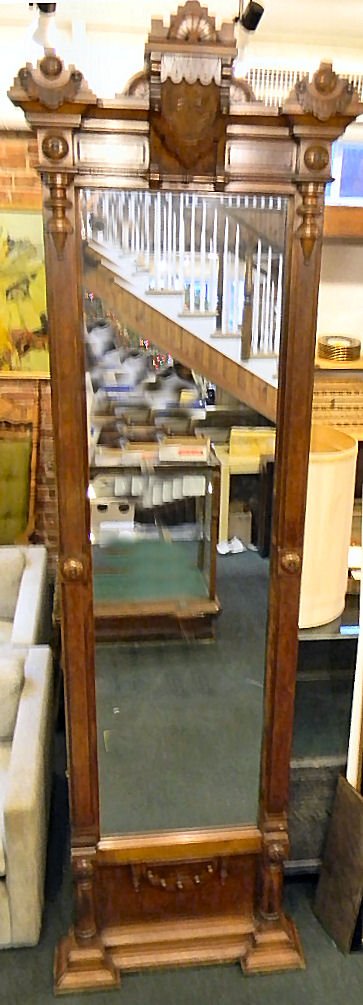 Victorian walnut pier mirror: Victorian walnut pier mirror, 30" wide, 102" high, original mirror (not beveled) in excellent condition, top of crest and bottom piece of molding need reattachment.