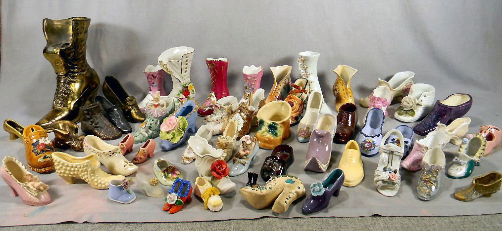 Collection of ceramic & metal slippers, shoes & boots: Collection of ceramic & metal slippers, shoes & boots, Victorian thru 20th century, one Beatrix Potter and one Victorian pincushion
