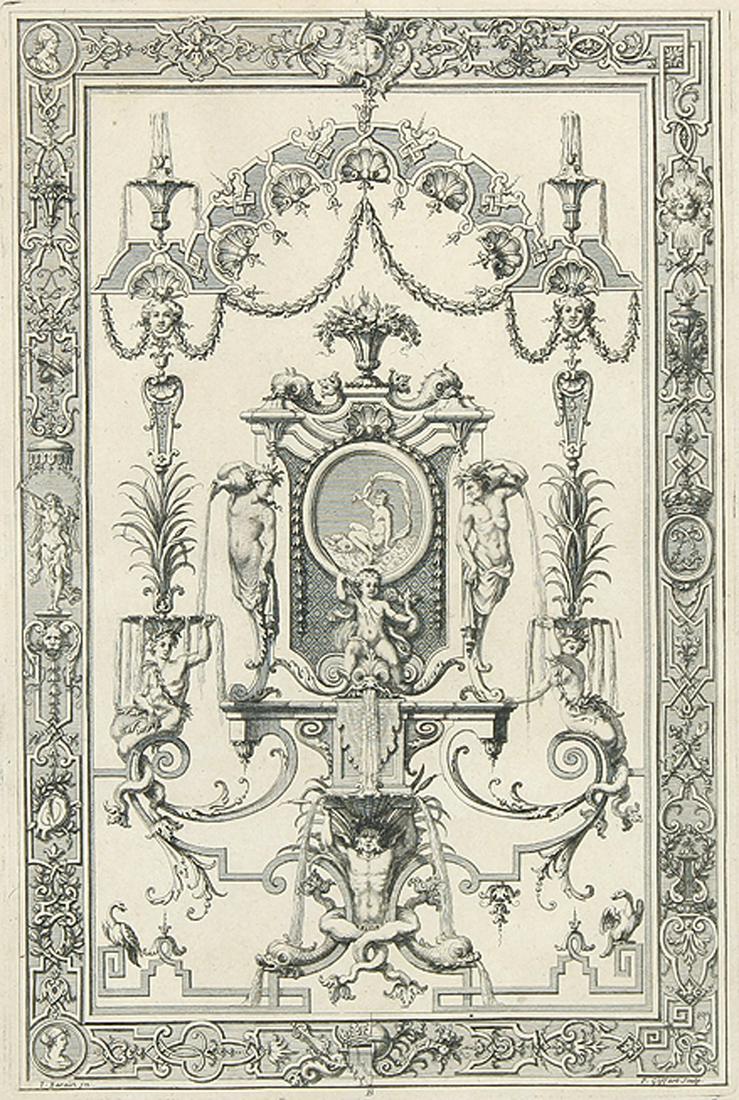 JEAN BERAIN DER ÄLTERE Saint-Mihiel/Barrois: JEAN BERAIN DER ÄLTERE Saint-Mihiel/Barrois 1640 - 1711 Paris Wanddekorationen mit mythologischen und allegorischen Darstellungen. 6 Bll. Kupferstiche u.a. von J. Dolimar (3) und P. Guiffart nach