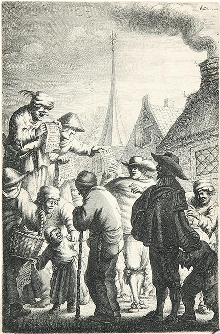 JAN GEORG (JOHANNES) VAN VLIET Delft (?) um 1610,: JAN GEORG (JOHANNES) VAN VLIET Delft (?) um 1610, war tätig in Leiden um 1628-37 Der Liedtext-Verkäufer. Radierung. Bartsch 15. Hollstein 15, IV (von V). - Mit dem Namenszug und Verlegeradre