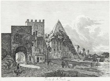 JACOB WILHELM MECHAU Leipzig 1745 - 1808 Dresden:: JACOB WILHELM MECHAU Leipzig 1745 - 1808 Dresden Porta di St. Paolo. Radierung aus der Folge „Malerisch radirte Prospecte aus Italien“ 1795. Nagler 3, Abdruck mit der endgültigen Schr