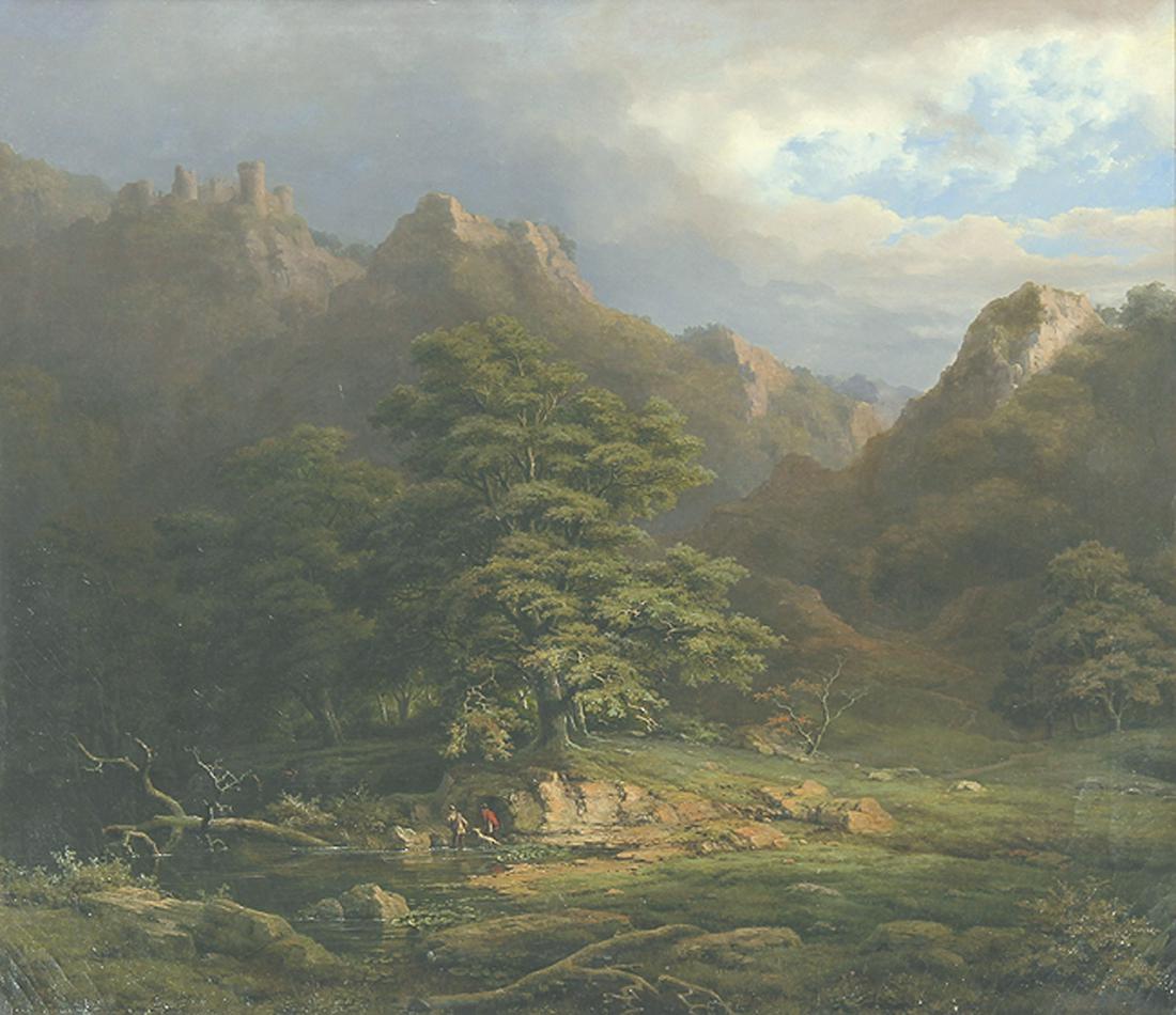CAESAR BIMMERMANN Eupen 1821 - 1888 Düsseldorf:: CAESAR BIMMERMANN Eupen 1821 - 1888 Düsseldorf Gebirgslandschaft mit Jägern an einem Gewässer. Oel auf Leinwand 1859. Signiert und datiert (in Rot). 81 x 89 cm. Mit feinen Krakelür