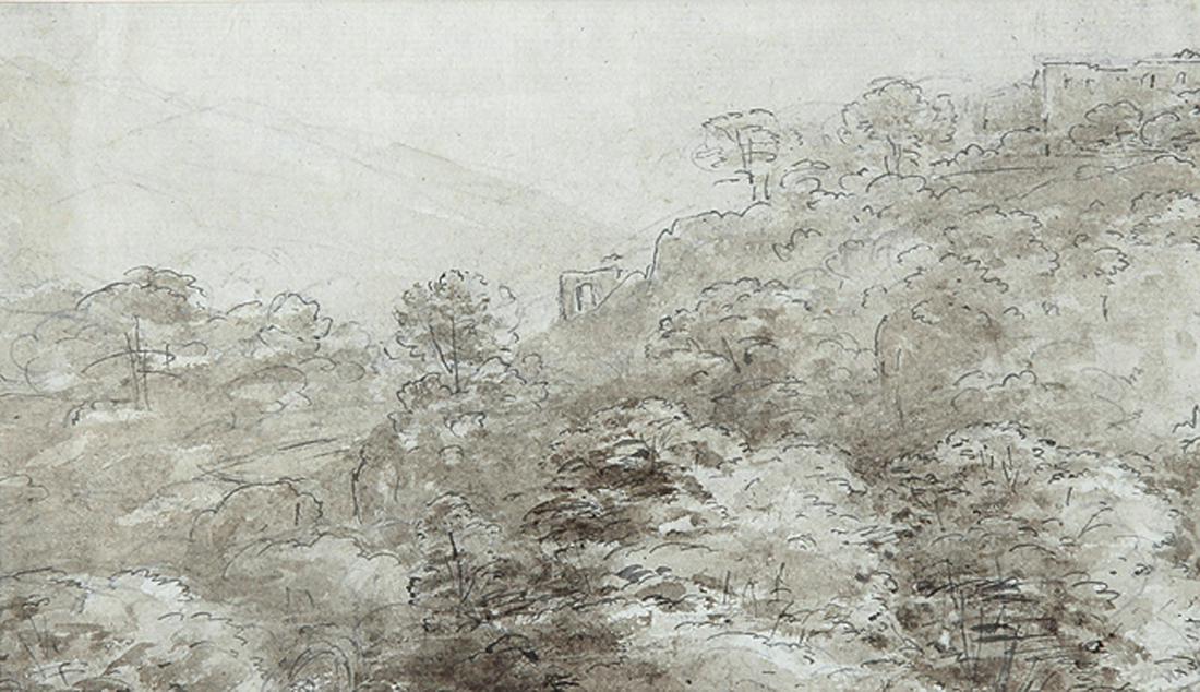 FRIEDRICH GAUERMANN - zugeschrieben Miesenbach 1807: FRIEDRICH GAUERMANN - zugeschrieben Miesenbach 1807 - 1862 Wien Südliche Landschaft, rechts ein Gebäude auf dem bewaldeten Berg. Lavierte Sepiapinselzeichnung über Bleistift. Verso mit