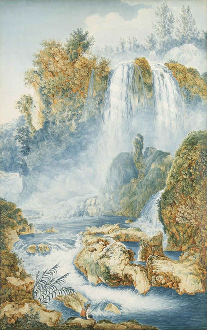 FRANZ KAISERMANN Yverdon/Kt. Waadt 1765 - 1833 Rom:: FRANZ KAISERMANN Yverdon/Kt. Waadt 1765 - 1833 Rom Die Wasserfälle von Tivoli, im Vordergrund ein Angler. Stellenweise gouachiertes Aquarell über Bleistift mit Tuschfedereinfassung. Rechts u