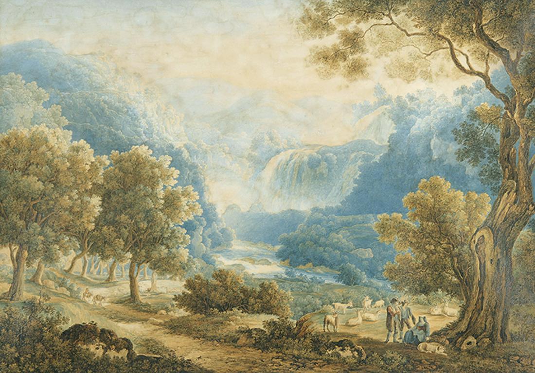 FRANZ KAISERMANN Yverdon/Kt. Waadt 1765 - 1833 Rom:: FRANZ KAISERMANN Yverdon/Kt. Waadt 1765 - 1833 Rom Hirten bei den Wasserfällen von Tivoli. Stellenweise gouachiertes Aquarell über Bleistift mit applizierter Tuschfeder-/aquarellierter Einfa