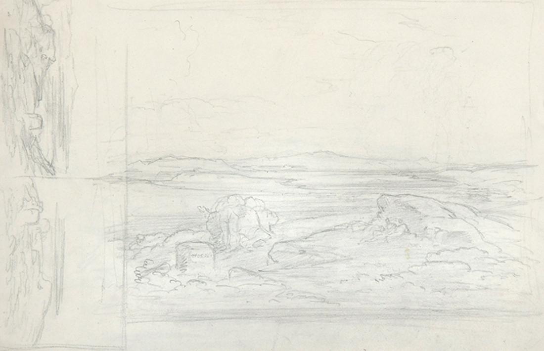 CARL ROTTMANN Heidelberg 1797 - 1850 München:: CARL ROTTMANN Heidelberg 1797 - 1850 München Salamis (recto) - Sparta-Taygetos (verso). 2 Bleistiftzeichnungen recto und verso auf 1 Blatt (recto mit 2 weiteren Studien desselben Motivs mit ge