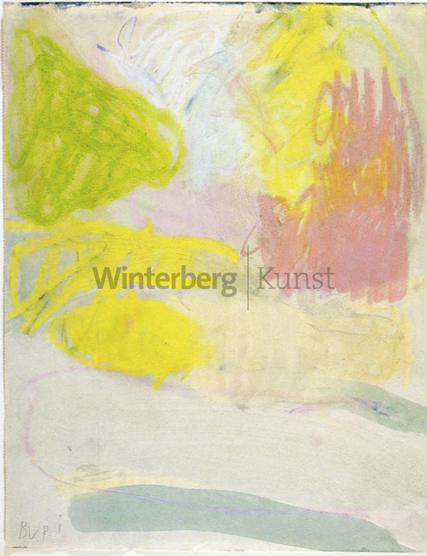 SAMUEL BURI Täuffelen/Kt. Bern 1935 - tä: SAMUEL BURI Täuffelen/Kt. Bern 1935 - tätig in Basel und Habkern/Kt. Bern Komposition in Pastelltönen. Crayonage (Kreide mit Terpentin vermischt) um 1960. Signiert. Verso mit einer farb