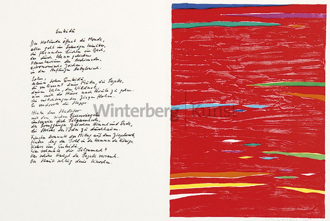 PIERO DORAZIO Rom 1927 - 2005 Todi/Perugia:: PIERO DORAZIO Rom 1927 - 2005 Todi/Perugia Streifenkomposition - Komposition auf rotem Grund. 2 Bll. Farblithographien, jeweils auf der rechten Innenseite eines gefalteteten Doppelbogens aus der Folge