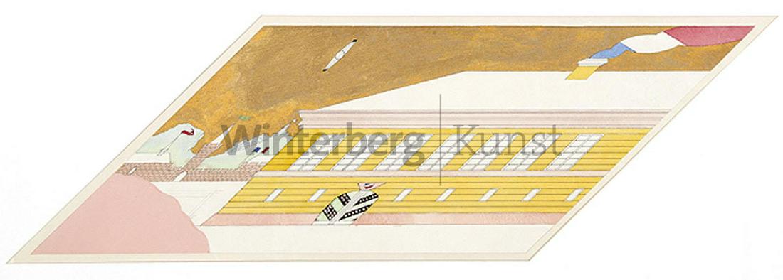 STEFAN WEWERKA Magdeburg 1928 - 2013 Berlin:: STEFAN WEWERKA Magdeburg 1928 - 2013 Berlin Schräge Architektur in Frankreich. Parallelogrammförmige Darstellung. Mischtechnik mit Aquarell mit Collage und Überarbeitung in Goldbronze.
