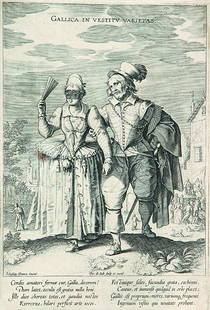 PIETER DE JODE DER ÄLTERE: Gallica in Vestitu: PIETER DE JODE DER ÄLTERE 1570 - Antwerpen - 1634 Gallica in Vestitu Varietas. Blatt 7 aus der Folge „Variarum Gentium Ornatus“. Kupferstich nach S. Vrancx. Hollstein 243. Hollstein (Vranx) 559,