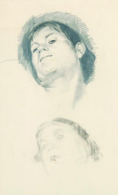 MAX KLINGER: Kopfstudien.: MAX KLINGER Leipzig 1857 - 1920 Großjena bei Naumburg Kopfstudien. 2 gewischte Bleistiftzeichnungen (davon 1 nur skizziert) auf einem Blatt 1888. Signiert, datiert und ortsbezeichnet „Rom“. Auf c