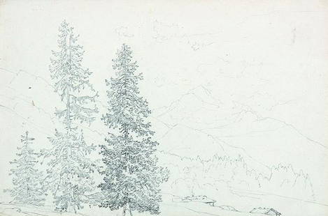 JOHANN WILHELM SCHIRMER: Schwarzwaldlandschaft mit: JOHANN WILHELM SCHIRMER Jülich 1807 - 1863 Karlsruhe Schwarzwaldlandschaft mit drei hohen Tannen im Vordergrund. Bleistiftstudie. Auf kräftigem chamoisfarbenen Bütten. 33,3 x 50 cm. Schwach wasserr